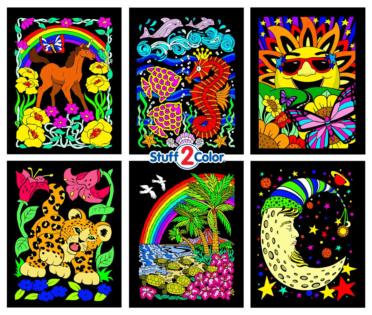 Unicorn, Leopard Cub, Turtles, Moon, Seahorse, Sun (6-Pack)