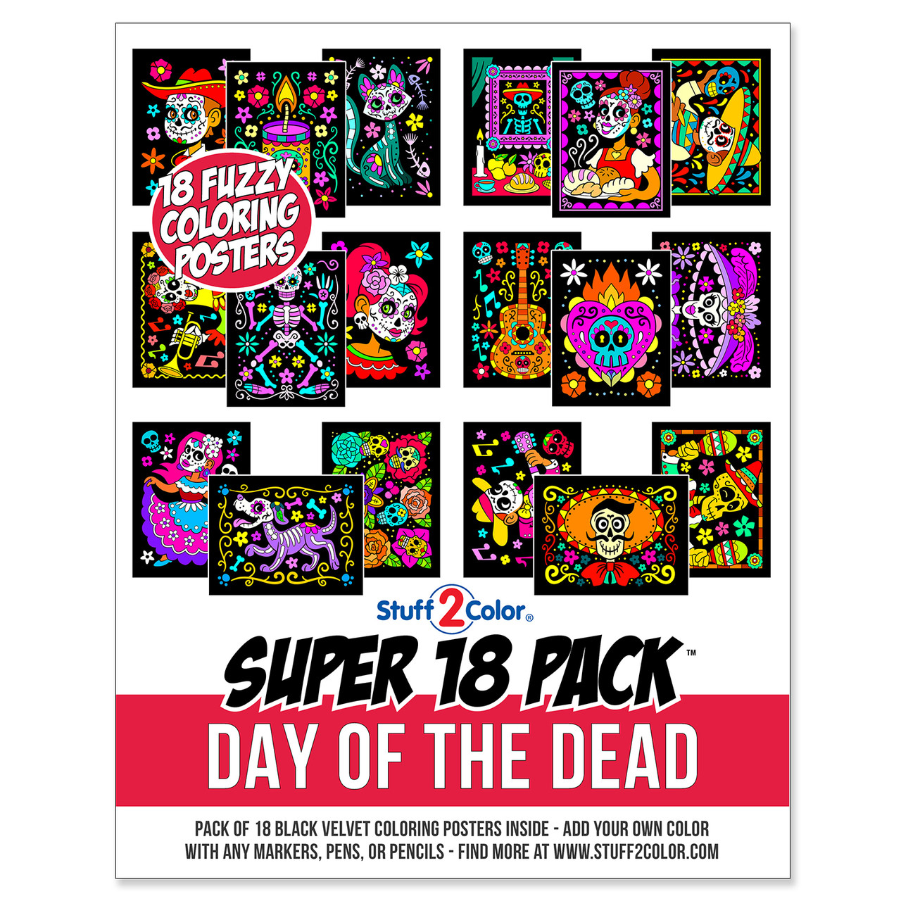 Super 18 Pack of Fuzzy Velvet Coloring Posters (Day of the Dead)