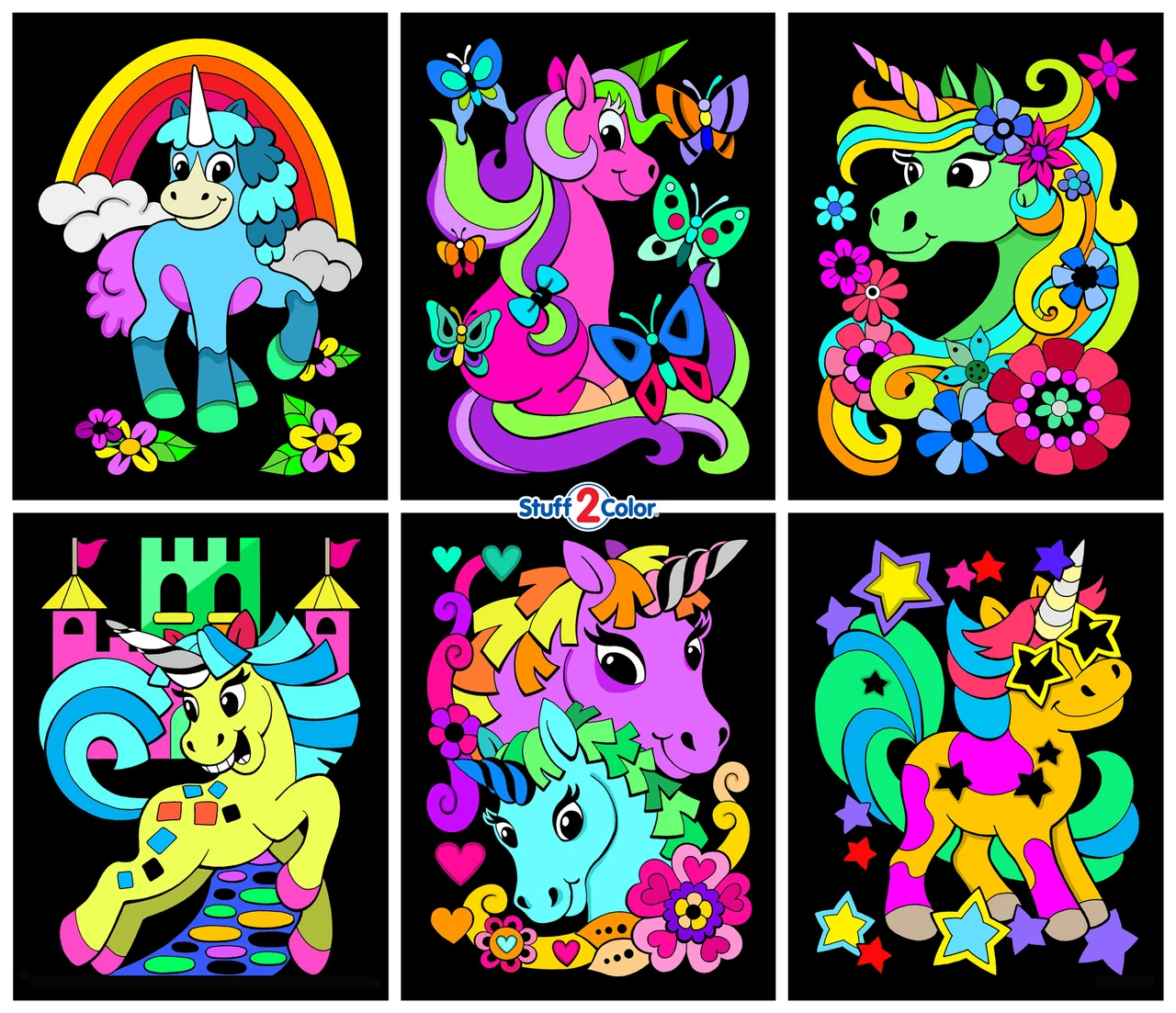 Unicorns - 6 Pack of Fuzzy Velvet Coloring Posters for Kids and Adults