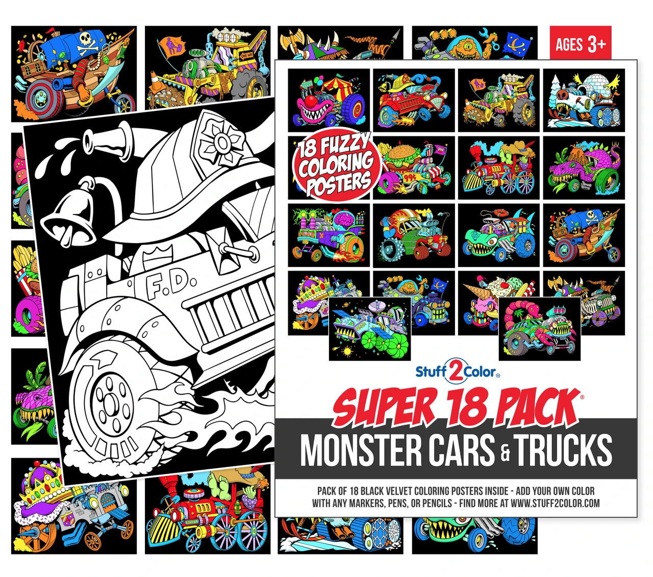 Super 18 Pack of Fuzzy Velvet Coloring Posters (Monster Cars & Trucks Edition)