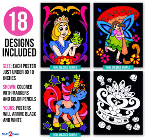 Super 18 Pack of Fuzzy Velvet Coloring Posters (Unicorns & Fairy Tales)