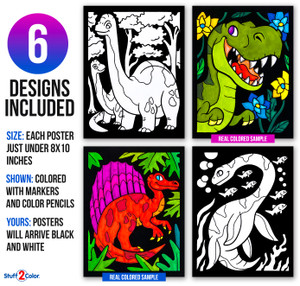 Dino Adventure - 6 Pack of Fuzzy Velvet Coloring Posters for Kids and Adults