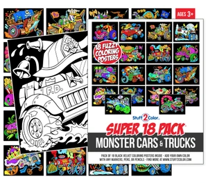 Super 18 Pack of Fuzzy Velvet Coloring Posters (Monster Cars & Trucks Edition)