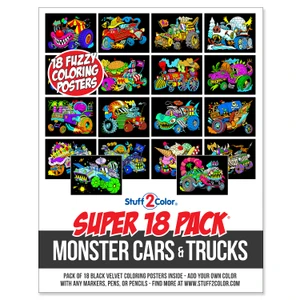 Super 18 Pack of Fuzzy Velvet Coloring Posters (Monster Cars & Trucks Edition)