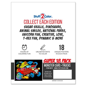 Super 18 Pack of Fuzzy Velvet Coloring Posters (Monster Cars & Trucks Edition)