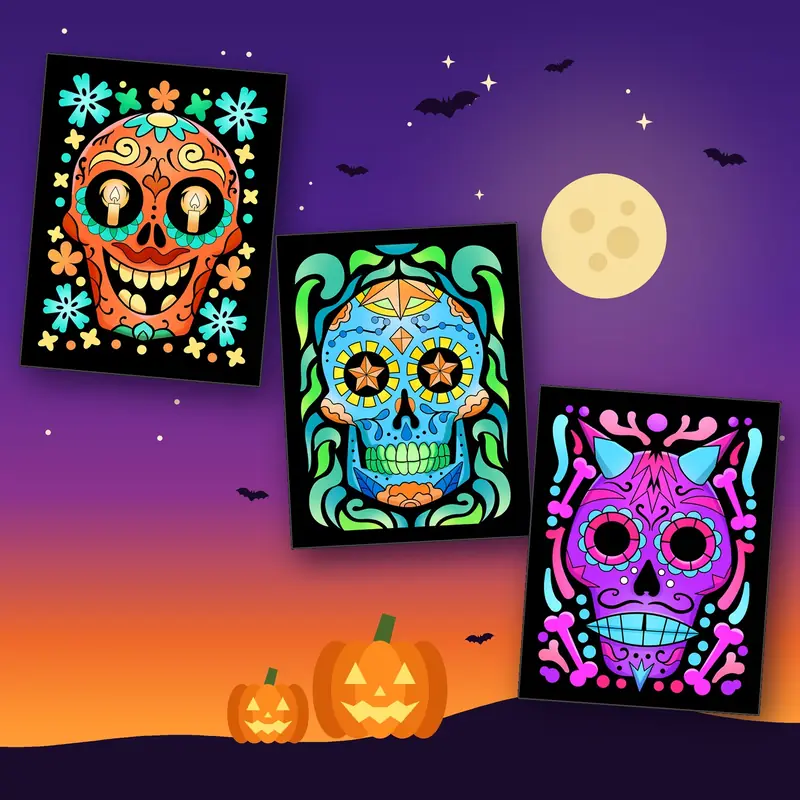 Three colored fuzzy velvet sugar skull posters from the Super 18 Pack