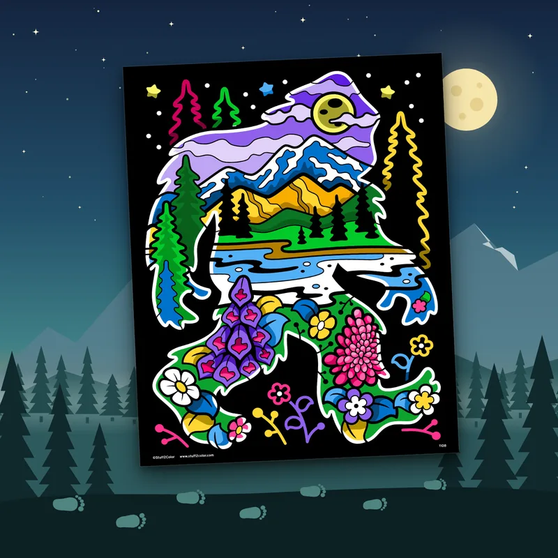 Bigfoot Wild fuzzy velvet coloring poster, colored, in a moonlit forest