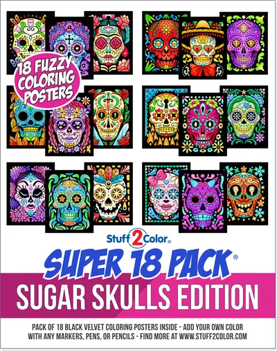Super 18 Pack of fuzzy velvet coloring posters, Sugar Skulls Edition