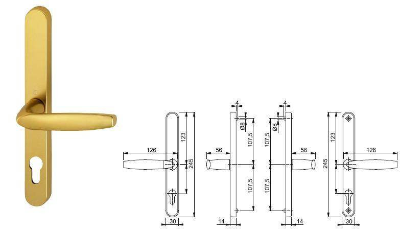 Anodised Gold 68mm UPVC Door handles to suit the Fullex multipoint