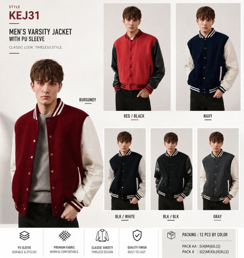 MEN'S VARCITY JACKET / PU SLEEVE KEJ-31
