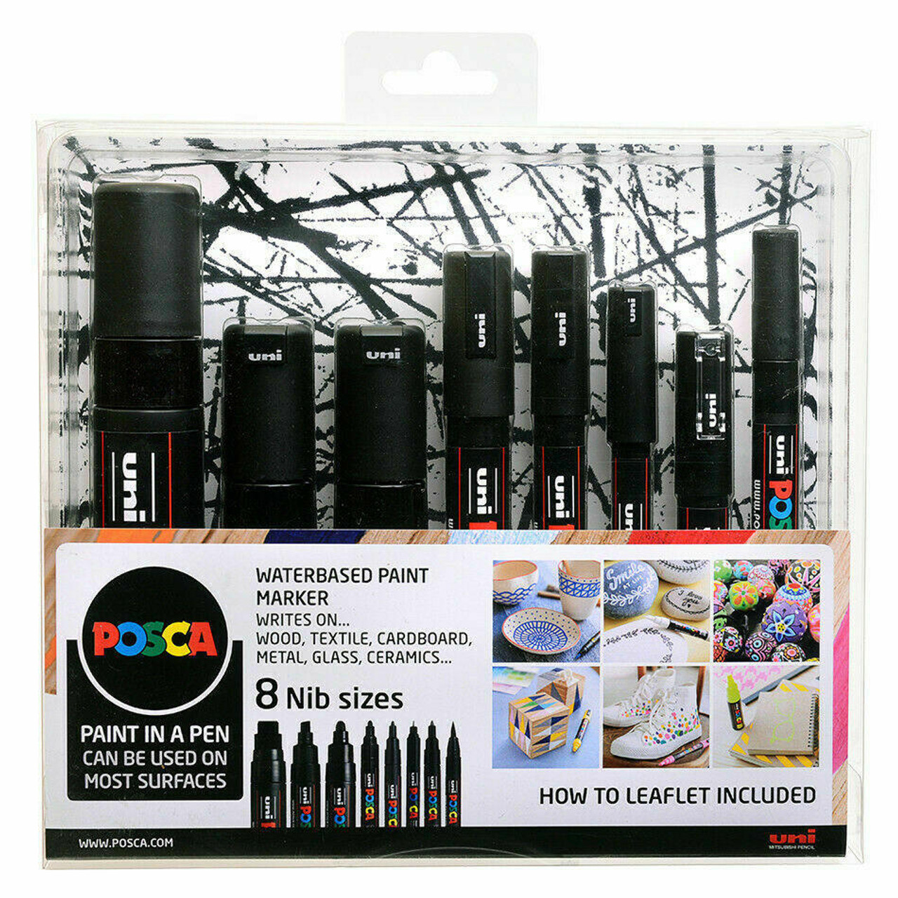 Uni POSCA Mixed Nib Sizes Marker Pen Set of 8 - Black - Posca