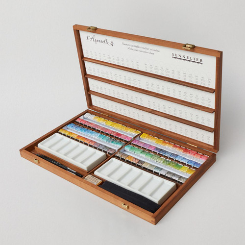  Sennelier Walnut Wooden Box Watercolour Half Pan Assorted Colours Set of 96 and Accessories 