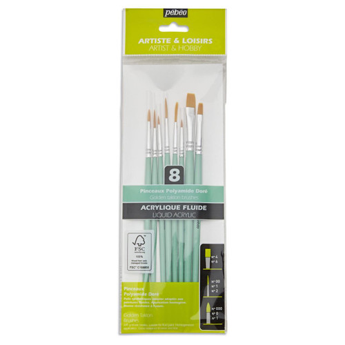  Pebeo Golden Taklon Short Handle Brushes Precision Assortment Set of 8 