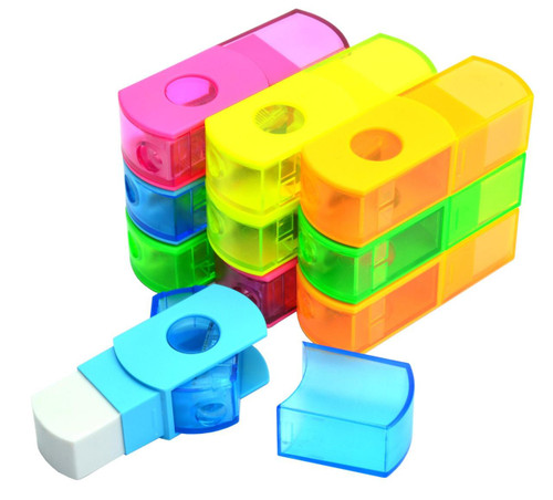  Jakar 2-in-1 Single Hole Pencil Sharpener & Eraser Assorted Neon Colours 