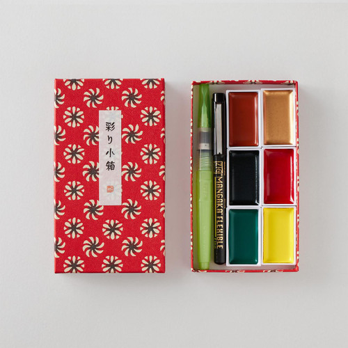  Kuretake Irodori Kobako Red Watercolour Set of 6 + 2 Pens Assorted Colours 