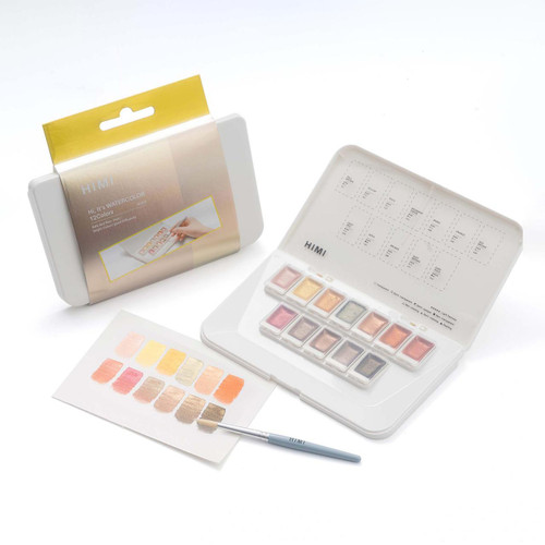  HIMI Watercolour Pans in Golden Metalic Case with Brush Set of 12 Colours 