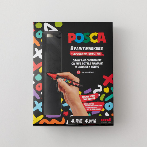  Posca Paint Marker 4 Fine & 4 Medium Assorted Colours + Water Bottle Pack 