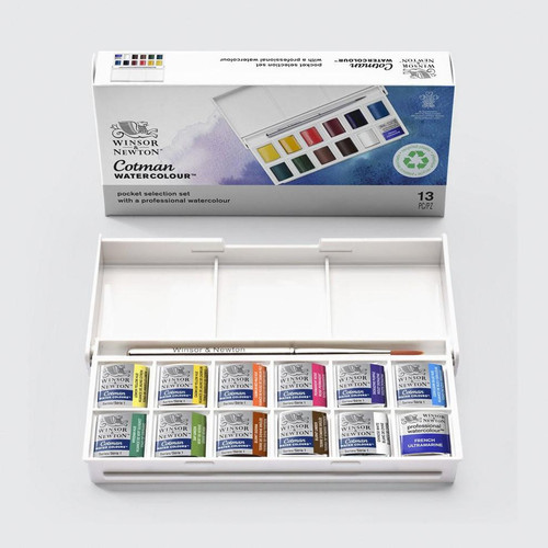  Winsor & Newton Cotman Sketcher's Pocket Box Including 1 Artists' Watercolour & Brush Cass Exclusive Half Pan Set of 13 