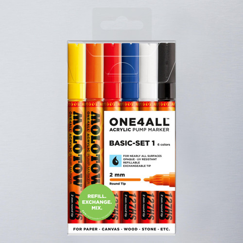  Molotow ONE4ALL Acrylic Pump Marker Basic Set 1 Round Nib 2mm Set of 6 