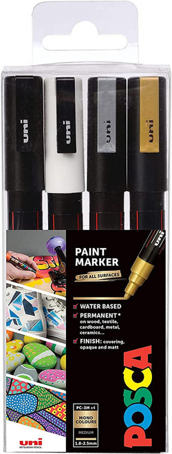 Uni POSCA Marker Pen PC-3M Fine and PC-5M Medium Set of 4 Black and Wh