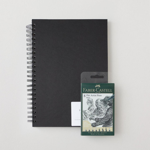 Faber-Castell Faber Castell Pitt Artist Pen Soft Brush & Chisel Set of 8 & FREE Hardback Spiral A4 Sketchbook 