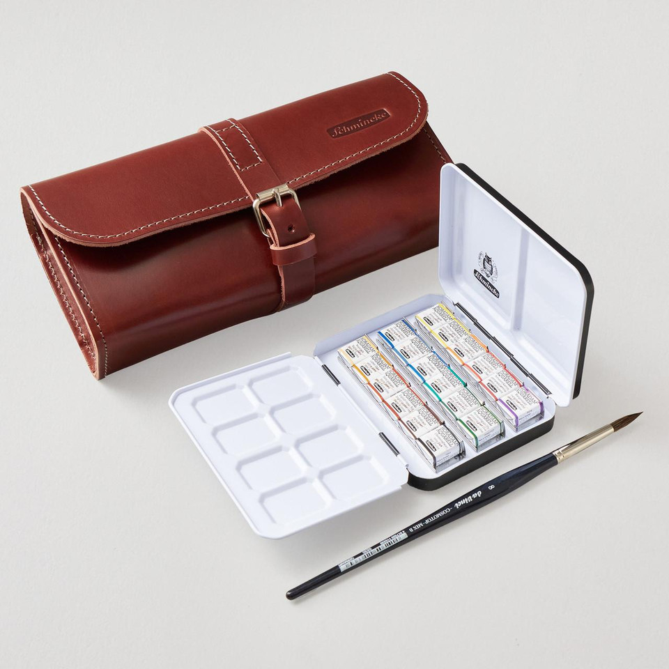 Schmincke Horadam Aquarell Watercolour in Metal Tin with Leather Bag Half Pan Assorted Colours Set of 18