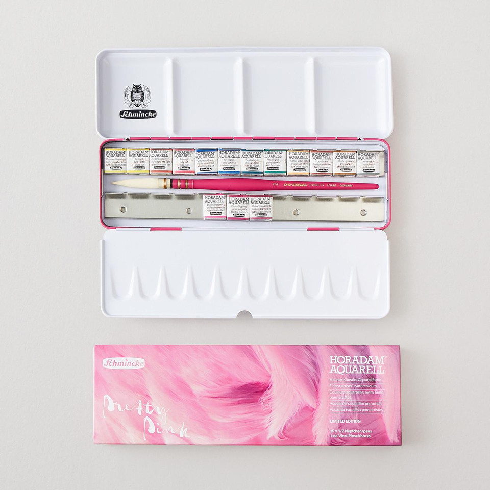 Schmincke "Pretty Pink" Horadam Aquarell Metal Tin Half Pan & Brush Set of 15