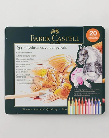 Faber-Castell Polychromos Artist Assorted Coloured Pencils in a Tin Set of 20 New Colours