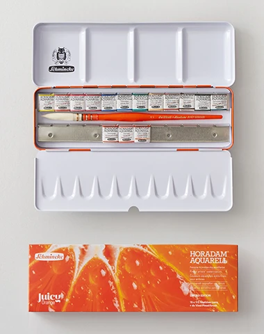 Schmincke "Juicy Orange" Horadam Aquarell Metal Tin Half Pan & Brush Set of 15