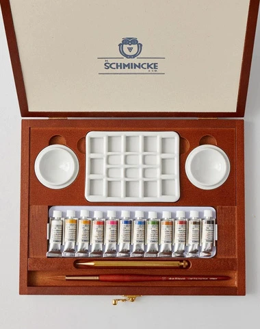 Schmincke Horadam Aquarell Watercolour 1930s Retro Wooden Box 5ml Assorted Colours Set of 14 + Kaweco Brass Pencil