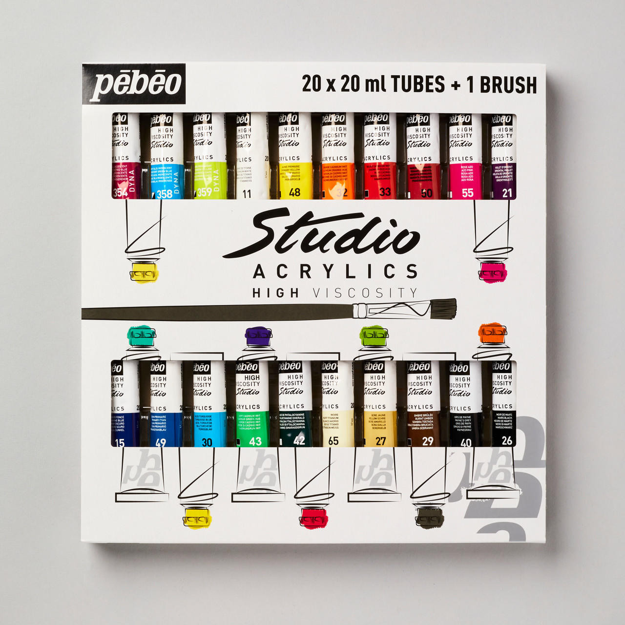 Pebeo Studio Acrylic Paint Set of 20 x 20ml with Brush