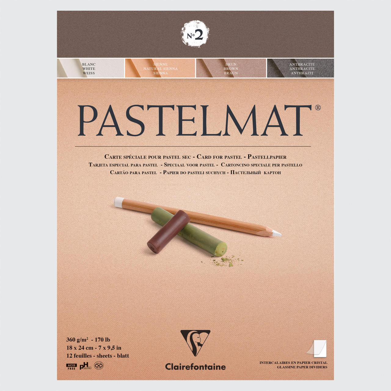 Clairefontaine Pastelmat Pad No. 2 360g 12 sheets 18 x 24cm Assorted Colours