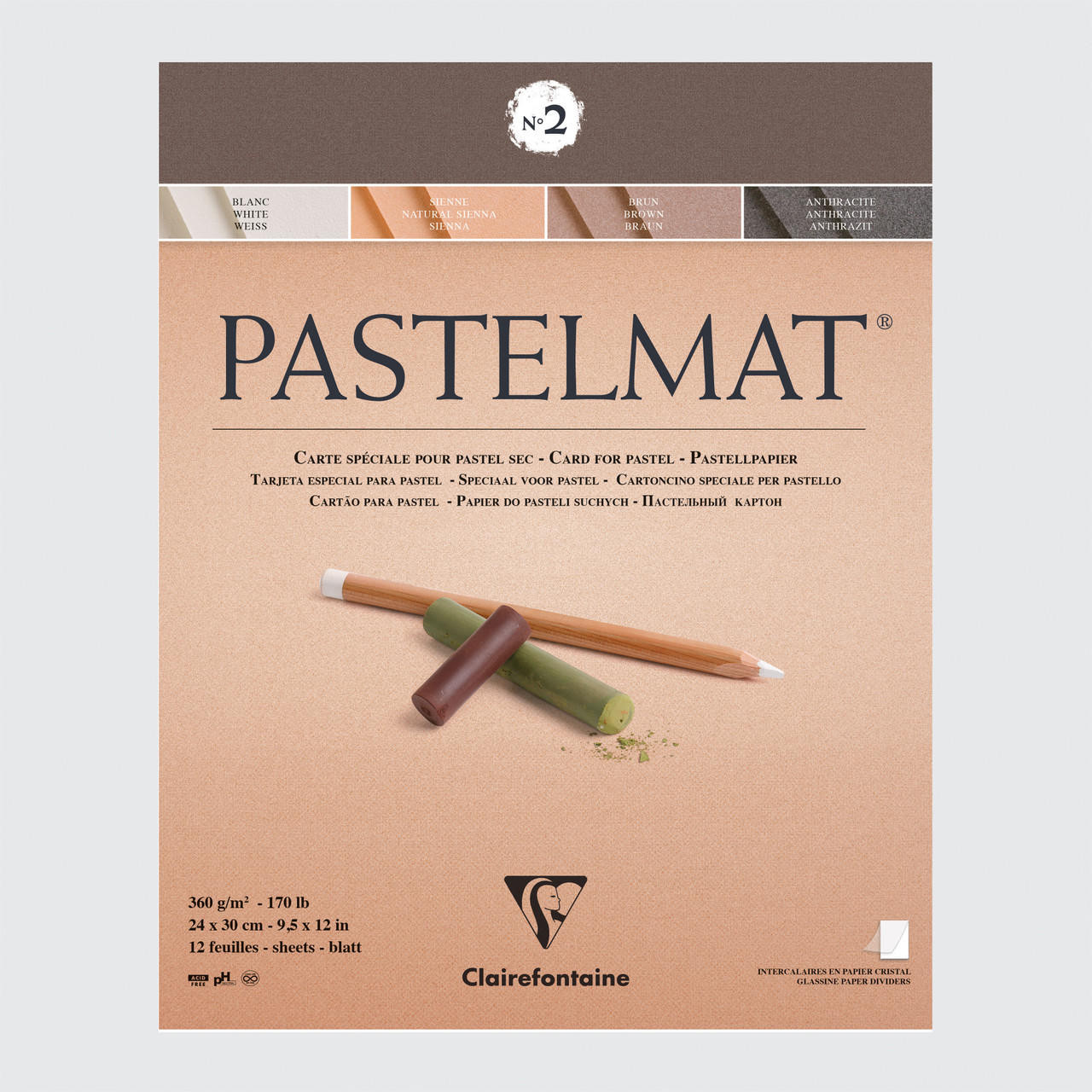 Clairefontaine Pastelmat Pad No. 2 360gsm 12 Sheets 24 x 30cm Assorted Colours