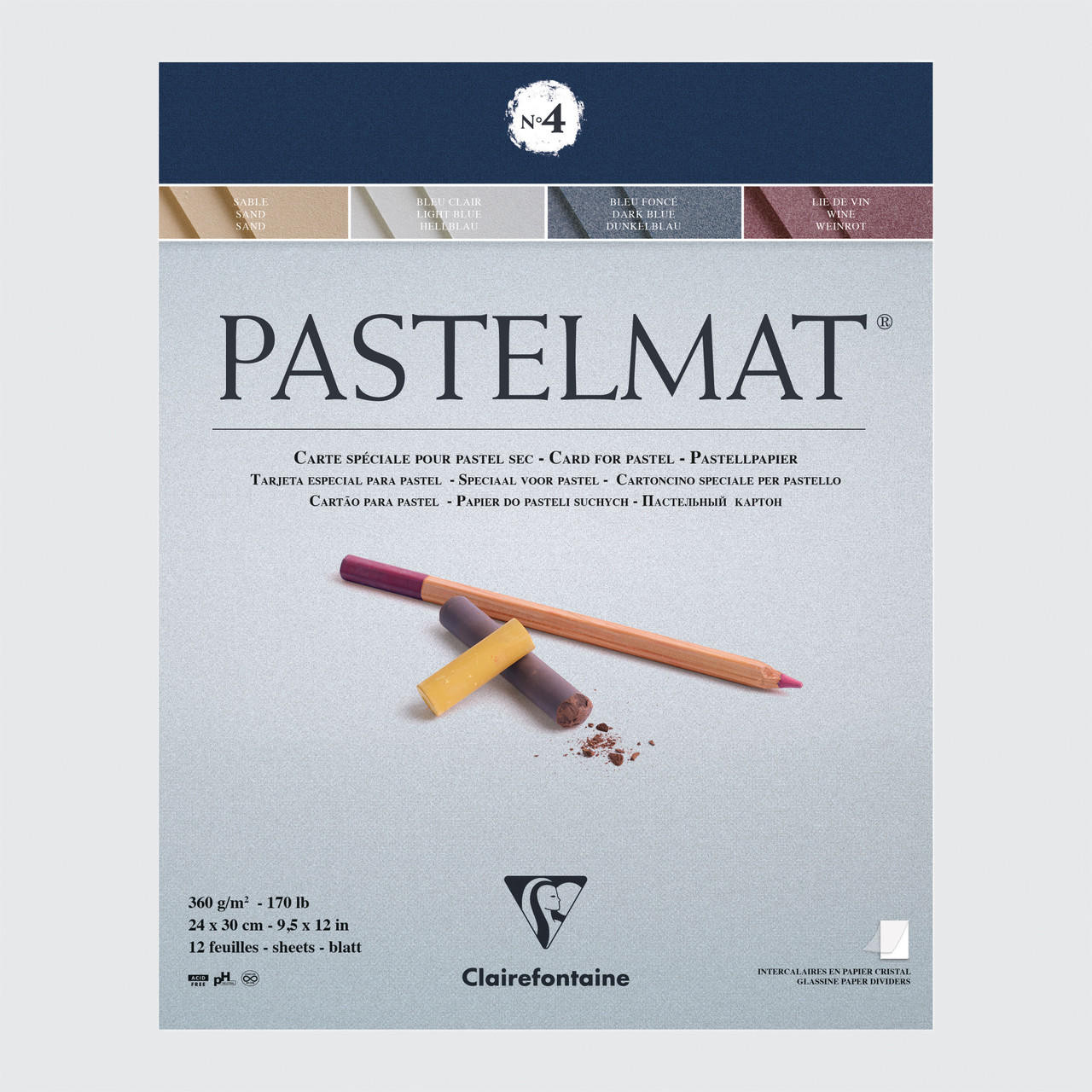 Clairefontaine Pastelmat Pad No. 4 360gsm 12 Sheets 24 x 30cm Assorted Colours