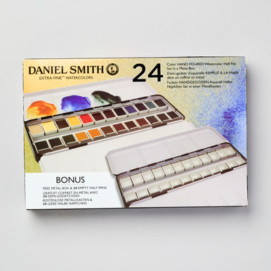 DANIEL SMITH 24 Color Hand Poured Watercolor Half Pan Set in a Metal Box -  Art By Masters