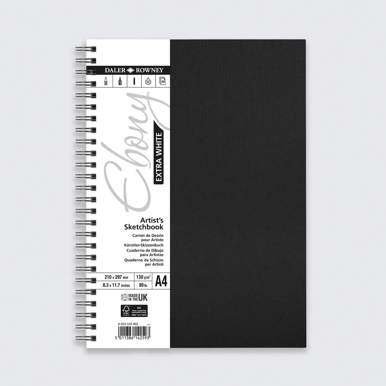 Daler Rowney Ebony Extra White Wirebound Sketchbook 130gsm Portrait 46 Sheets A4