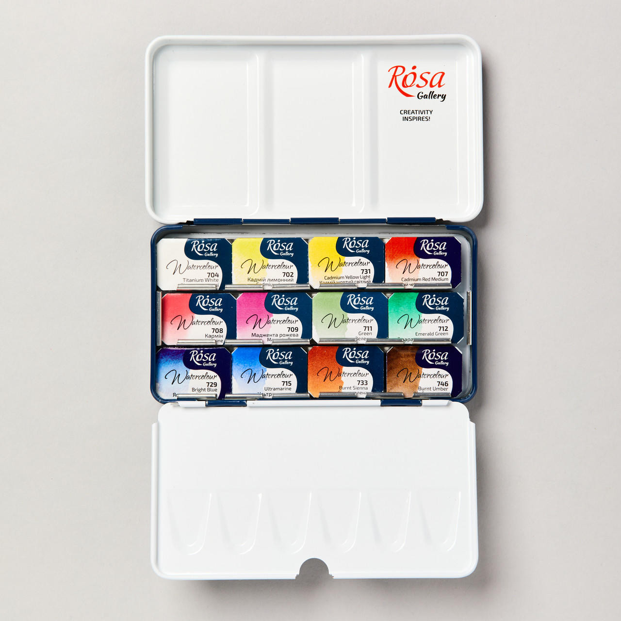 Rosa Gallery Rosa Monopigmented Watercolour in Indigo Metal Case Full Pan Assorted Colours Set of 12