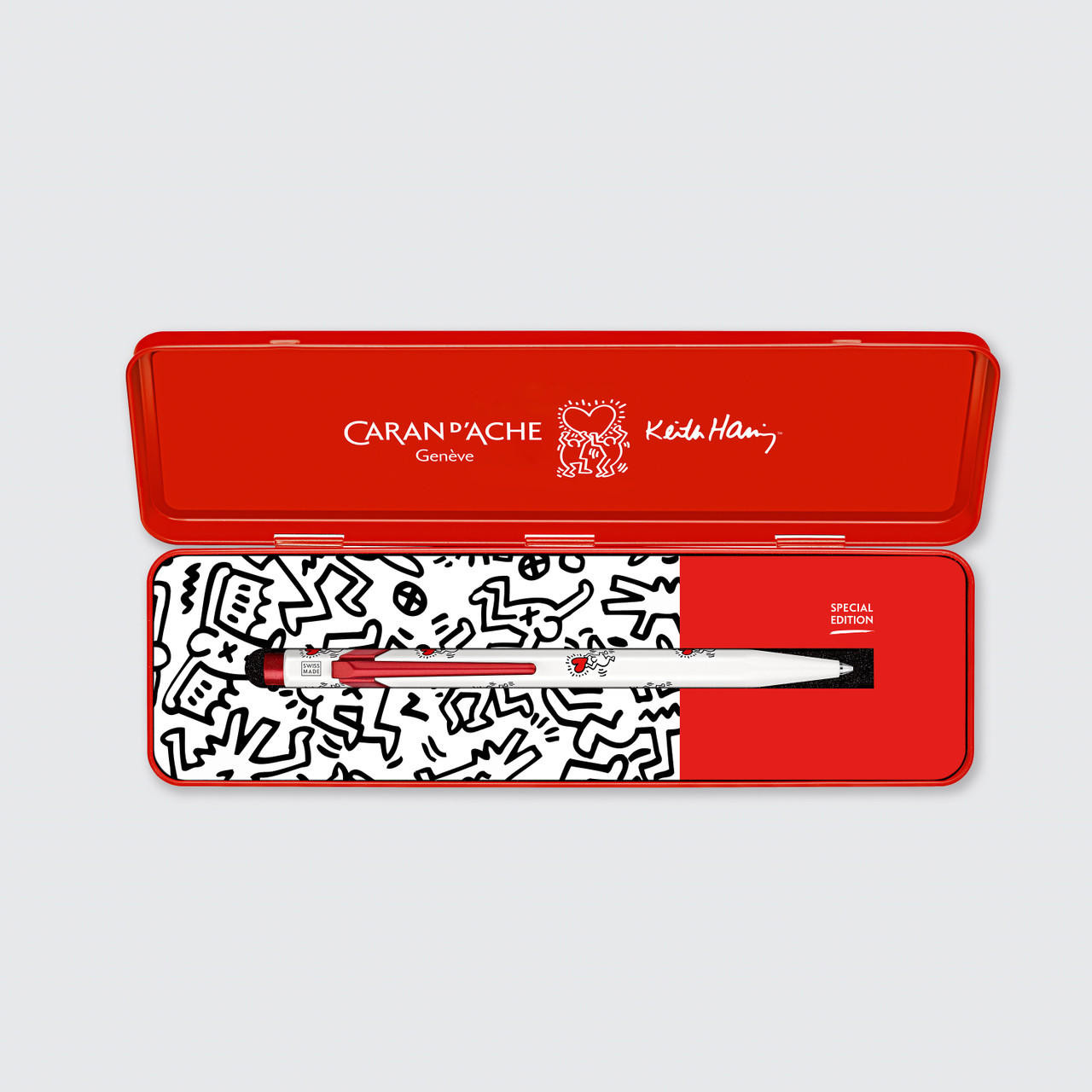 Caran D’ache Keith Haring 849 Ballpoint Pen and Refill in Metal Box White Set