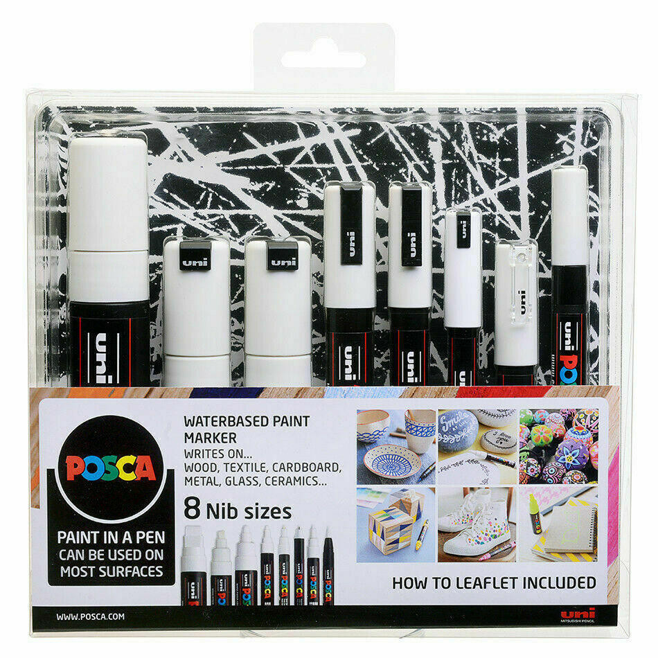 Uni POSCA Mixed Nib Sizes Marker Pen Set of 8 - White