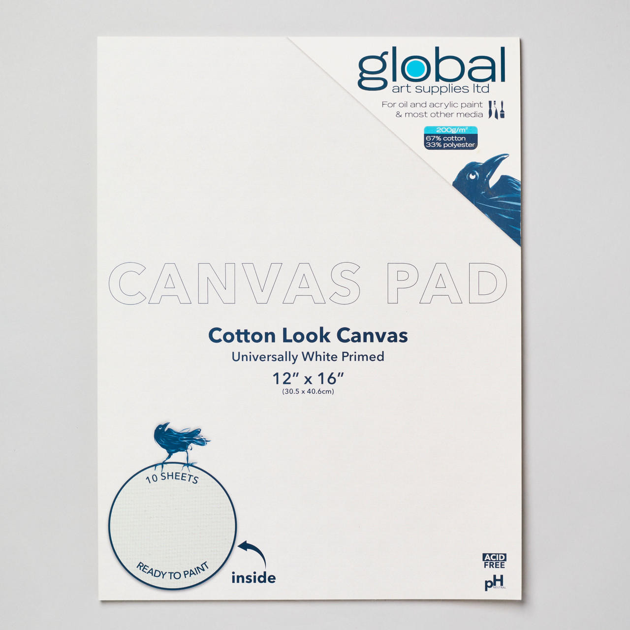 Global Canvas Pad 10 Sheets 200gsm White 12x16 inches