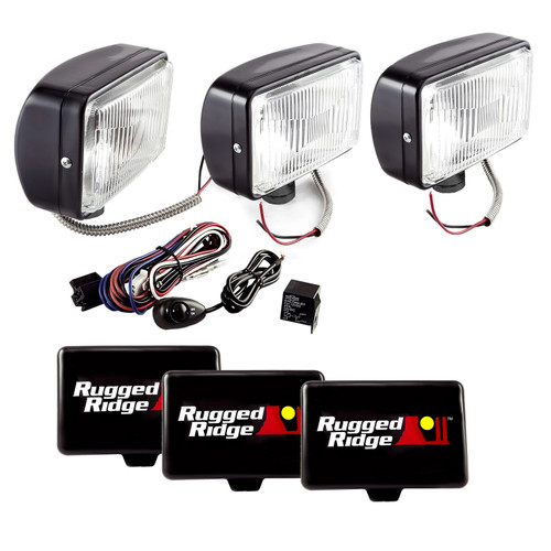 Rugged Ridge 5 Inch x 7 Inch Halogen Fog Light Kit, Black Steel Housings, Set of 3 15207.65