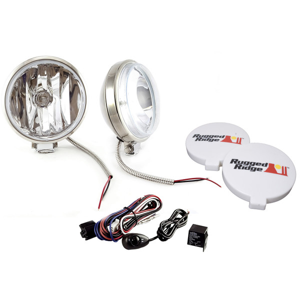 Rugged Ridge 6 Inch Slim Halogen Fog Light Kit, Stainless Steel Housings, Pair 15208.58