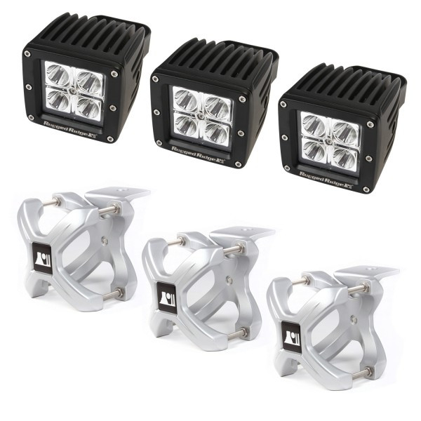 Rugged Ridge X-Clamp and Square LED Light Kit, Large, Silver, 3 Pieces 15210.12