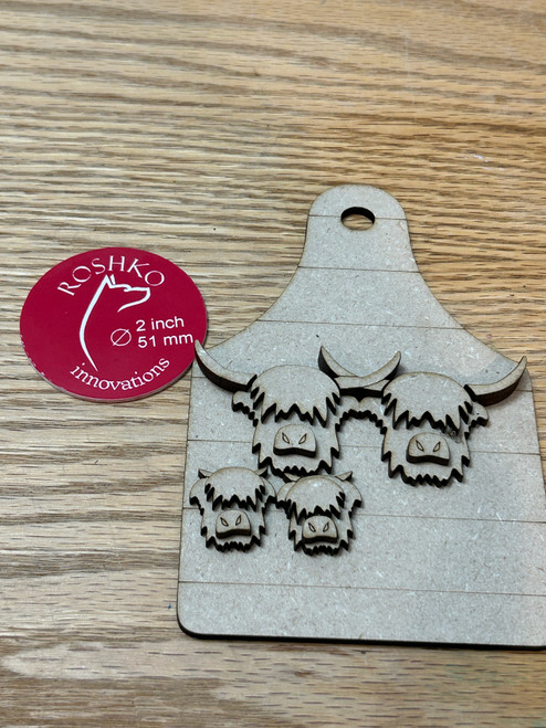 Large Shiplap Highland Cow ear tag ornament (2 adult, 2 youth)