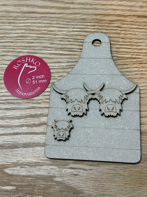 Large Shiplap Highland Cow ear tag ornament (2 adult, 1 youth) engraved cow