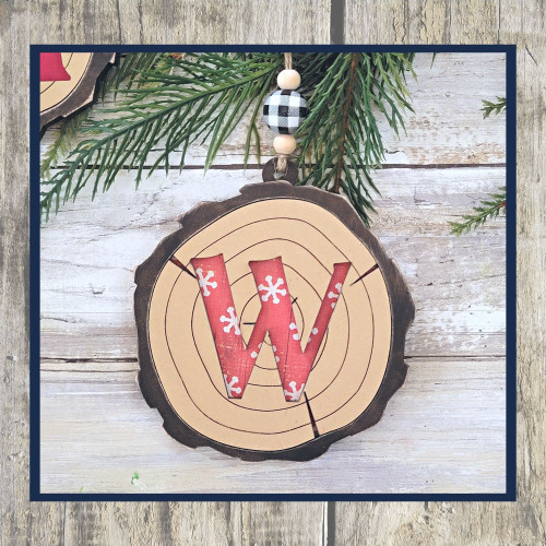 Wood Slice Monogram Christmas ornament - with greens