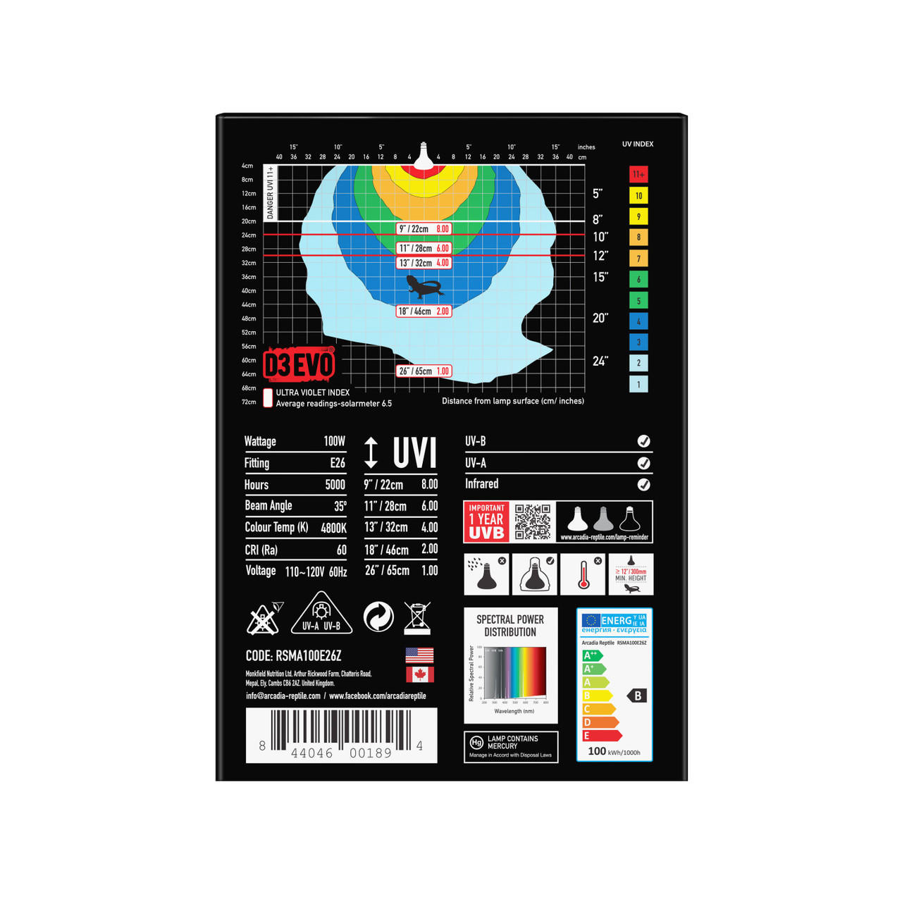 Arcadia Reptile D3Evo UVB Basking Lamp, 100W ReptilesRuS