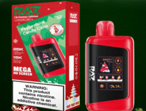 RAZ LTX 25K Puffs Peppermint Candy Cane disposable vape offering long-lasting flavor at Nova Puffs