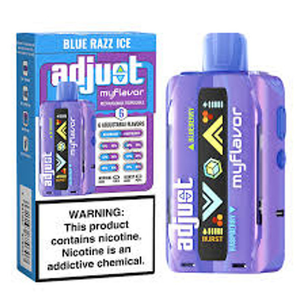 ADJUST MY FLAVOR disposable vape with Blue Razz Ice flavor, 40K puffs, sleek and portable design, highlighted at Nova Puffs