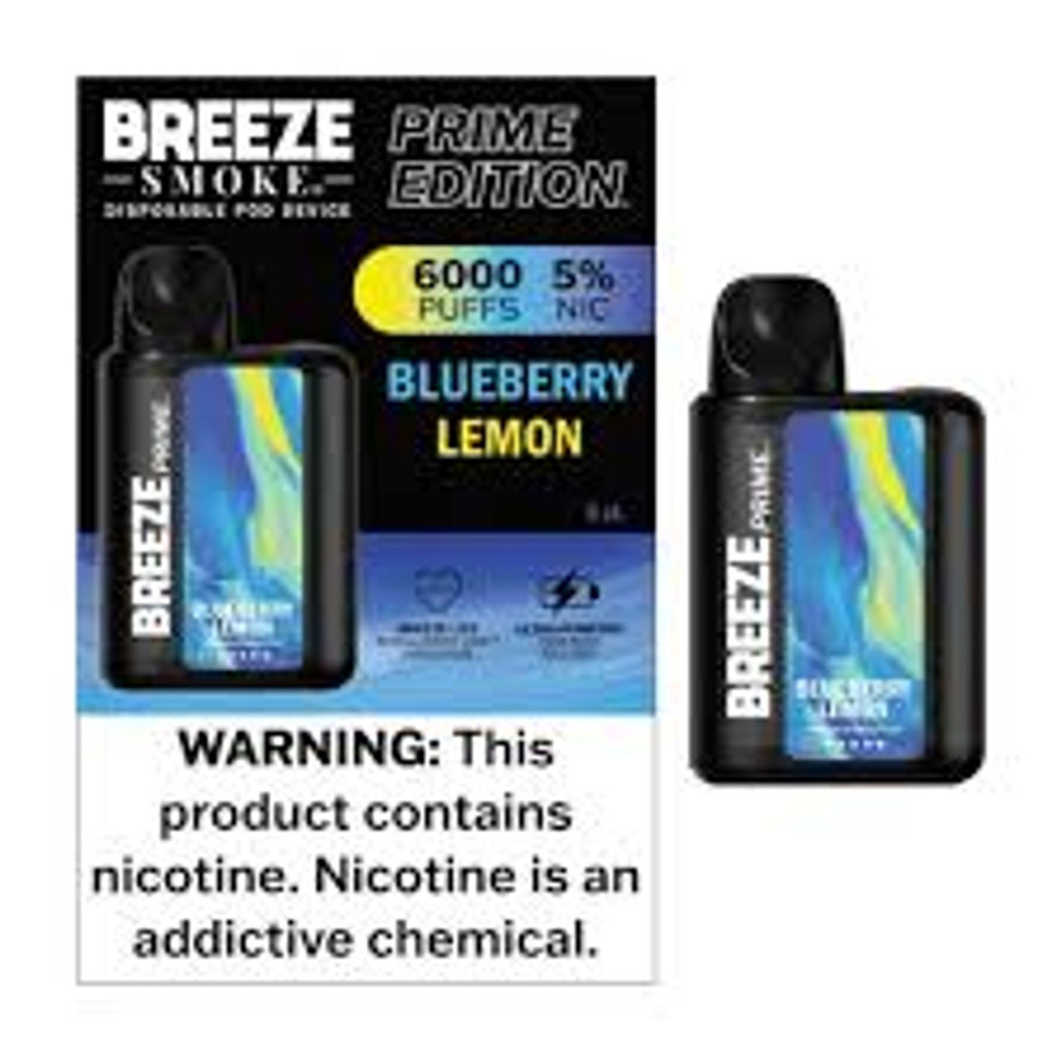 Flat-lay Breeze Prime 2K Blueberry Lemon disposable vape shot by NOVA PUFFS